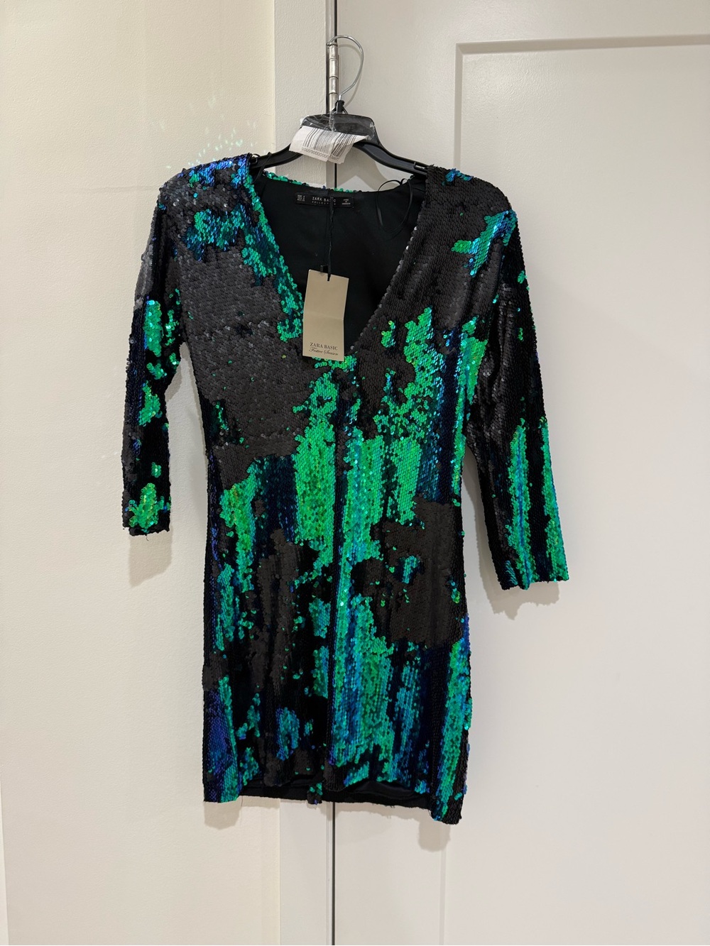 Zara Sequin Mini Dress with V-Neck in Black and Green